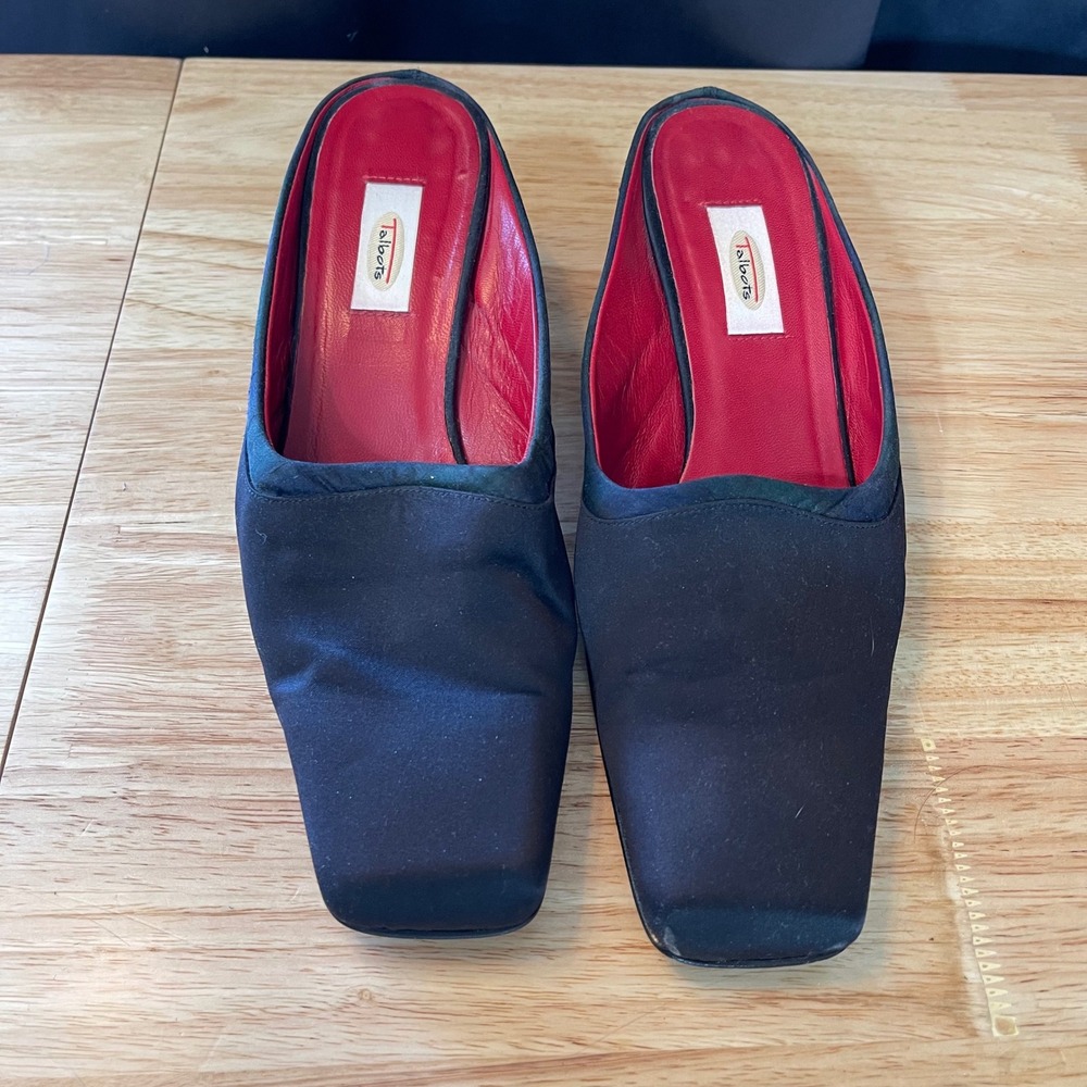 Talbots 10W Black Satin Square Toe Kitten Heel Mules Made in Spain Red Lining